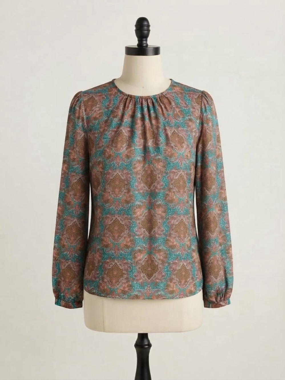 Paisley-Print Long-Sleeve Blouse in Teal and Brown